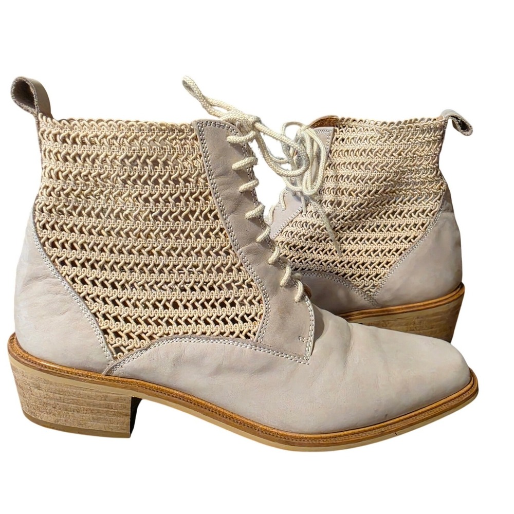 Glacee Bleach Nabuck Woven Mesh Lace Up Ankle Boots Tan Beige Leather 7.5 B